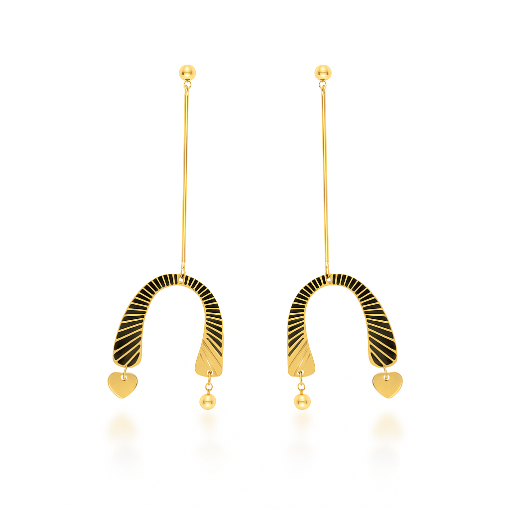 18K Gold-Plated Semi-Circular Textured Dangle Design Long Earrings for Women