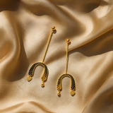 18K Gold-Plated Semi-Circular Textured Dangle Design Long Earrings for Women