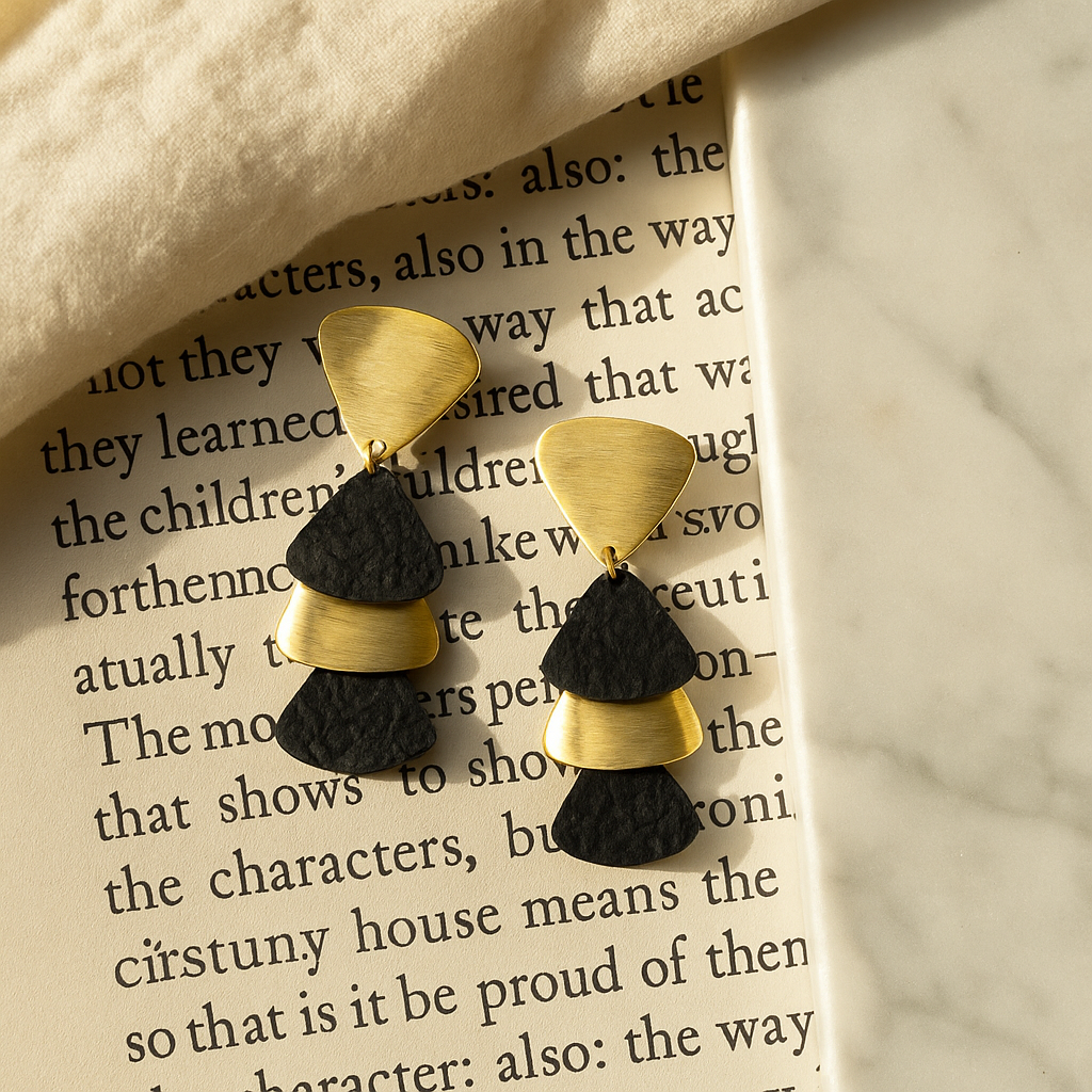 18K Gold-Plated Black Textured Drop Dangle Earrings for Women